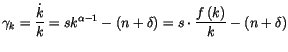 $\displaystyle \gamma_{k}=\frac{\dot{k}}{k}=sk^{\alpha-1}-\left( n+\delta\right)
 =s\cdot\frac{f\left( k\right) }{k}-\left( n+\delta\right)$