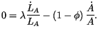 $\displaystyle 0=\lambda\frac{\dot{L}_{A}}{L_{A}}-\left( 1-\phi\right) \frac{\dot{A}}{A}.$