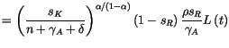 $\displaystyle =\left( \frac{s_{K}}{n+\gamma_{A}+\delta
 }\right) ^{\alpha/\left...
...ha\right) }\left( 1-s_{R}\right)
 \frac{\rho s_{R}}{\gamma_{A}}L\left( t\right)$