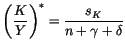 $\displaystyle \left( \frac{K}{Y}\right) ^{\ast}=\frac{s_{K}}{n+\gamma+\delta}
$