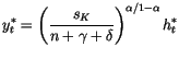 $\displaystyle y_{t}^{\ast}=\left( \frac{s_{K}}{n+\gamma+\delta}\right) ^{\alpha/1-\alpha
}h_{t}^{\ast}$