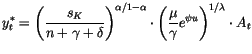 $\displaystyle y_{t}^{\ast}=\left( \frac{s_{K}}{n+\gamma+\delta}\right) ^{\alpha...
...alpha
}\cdot\left( \frac{\mu}{\gamma}e^{\psi u}\right) ^{1/\lambda}\cdot A_{t}$