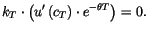 $\displaystyle k_{T}\cdot\left( u^{\prime}\left( c_{T}\right) \cdot e^{-\theta T}\right)
=0.
$
