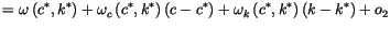 $\displaystyle =\omega\left( c^{*},k^{*}\right) +\omega_{c}\left( c^{*}
 ,k^{*}\...
...c^{*}\right) +\omega_{k}\left( c^{*},k^{*}\right)
 \left( k-k^{*}\right) +o_{2}$