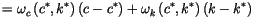 $\displaystyle =\omega_{c}\left( c^{*},k^{*}\right) \left( c-c^{*}\right)
 +\omega_{k}\left( c^{*},k^{*}\right) \left( k-k^{*}\right)$