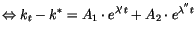 $\displaystyle \Leftrightarrow k_{t}-k^{\ast}=A_{1}\cdot e^{\lambda^{\prime}t}+A_{2}\cdot
 e^{\lambda^{^{\prime\prime}}t}$