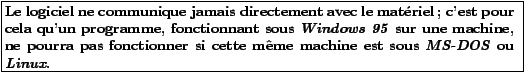 \fbox{\begin{minipage}{0.95\textwidth}
\textbf{Le logiciel ne communique jamais ...
...si
cette m\^eme machine est sous \emph{MS-DOS} ou \emph{Linux}.}
\end{minipage}}