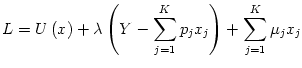 $\displaystyle L=U\left( x\right) +\lambda\left( Y-\sum_{j=1}^{K}p_{j}x_{j}\right) +\sum_{j=1}^{K}\mu_{j}x_{j}$