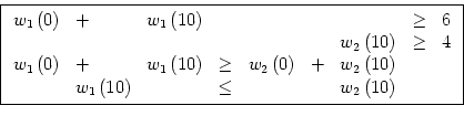 \begin{displaymath}
\fbox{$
\begin{array}[c]{lllllllll}
w_{1}\left( 0\right) & +...
...0\right) & & \leq & & & w_{2}\left( 10\right) & &
\end{array}$}\end{displaymath}