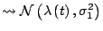 $\displaystyle \leadsto\mathcal{N}\left( \lambda\left( t\right) ,\sigma_{1}^{2}\right)$